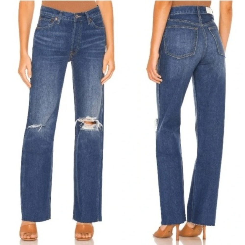 RE/DONE 90s High Rise Loose Jeans Destroyed Broken Blue Straight Leg Size 28